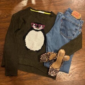 Rewind Penguin Sweater with Pink glasses Olive Crewneck Sweater